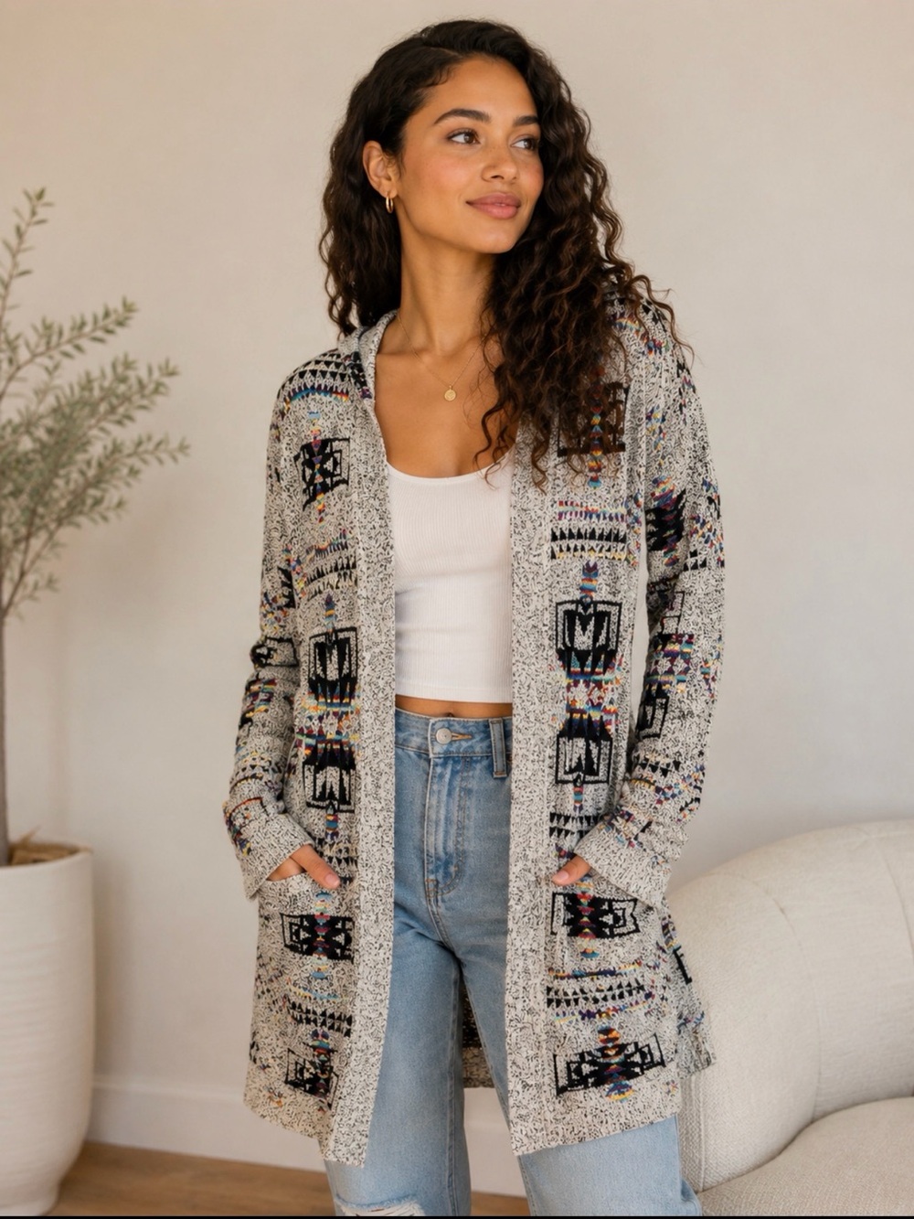 Aztec Open-Front Hooded Cardigan Sweater - Gray